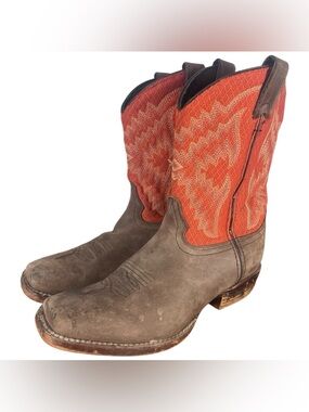 Nocona Orange/Brown Leather/Fabric Pull On Western Cowboy Boots Size 5.5 D